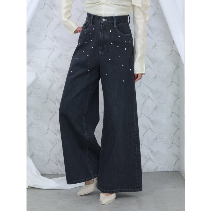 ブラック | カットアウトストーン付ワイドデニムパンツ | EATME