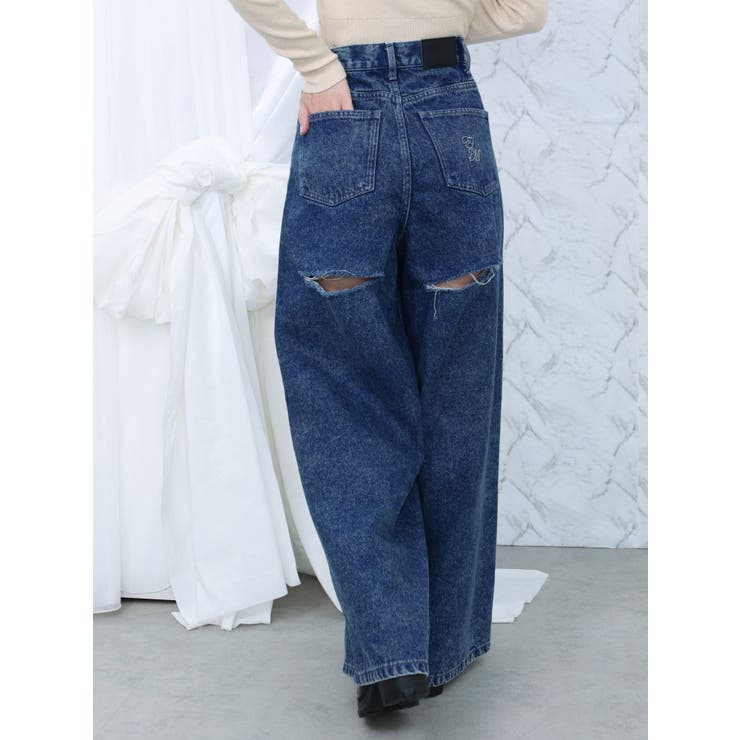 ブルー | カットアウトストーン付ワイドデニムパンツ | EATME