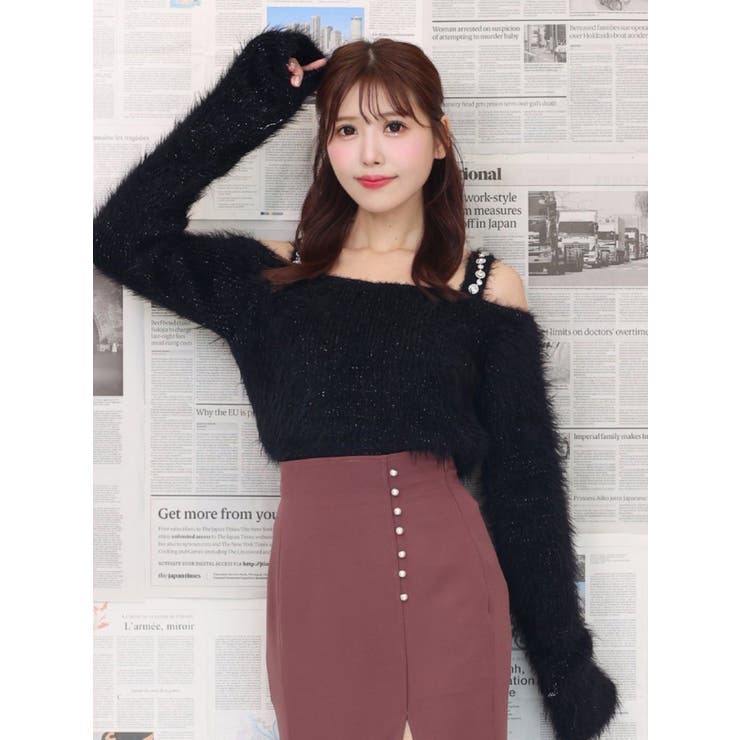 ビジューオフショルフェザーニットTOP[品番：MKSW0060268
