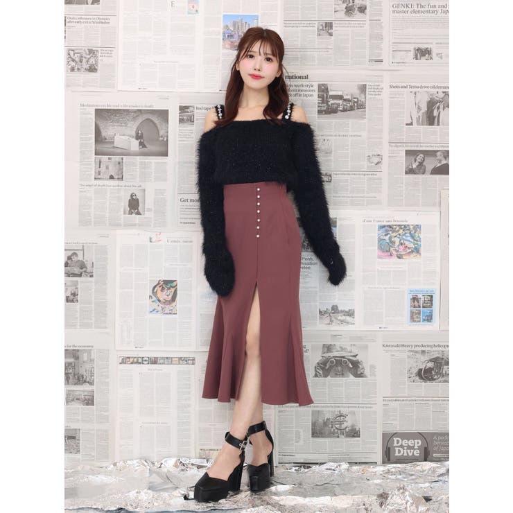 ビジューオフショルフェザーニットTOP[品番：MKSW0060268