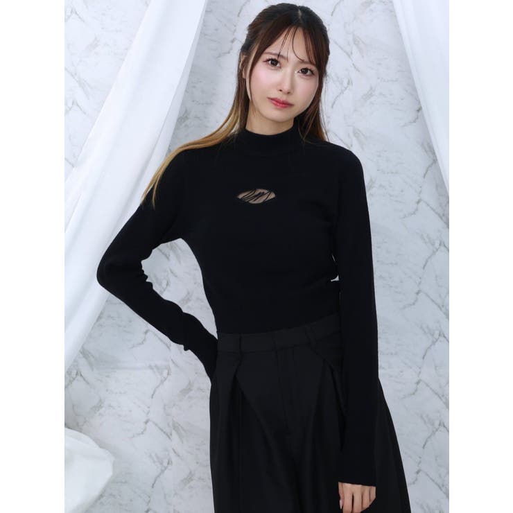 ブラック | デコルテロゴ開きニットTOP | EATME