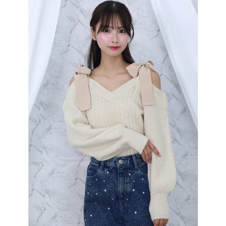 アイボリー | リボンショルダーニットTOP | EATME