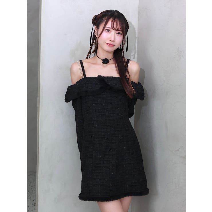 ブラック | ツイードオフショルダーワンピース | EATME