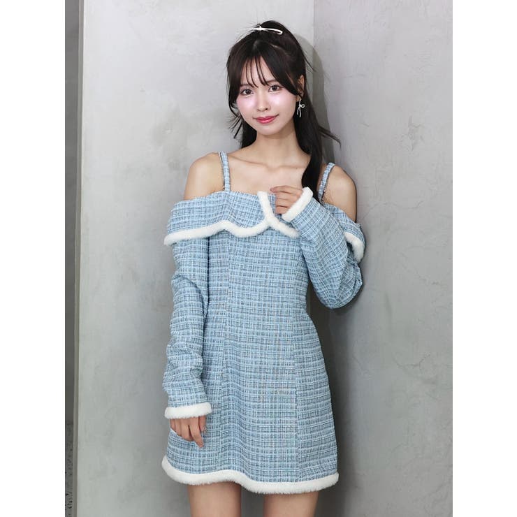 ブルー | ツイードオフショルダーワンピース | EATME