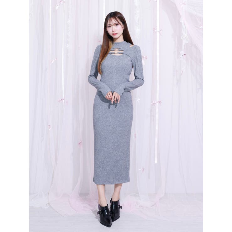 グレー | ベルテッドデコルテリブワンピース | EATME