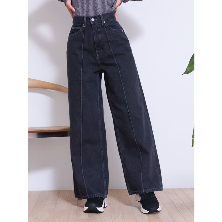 ブラック | ピンタックワイドデニムパンツ | EATME