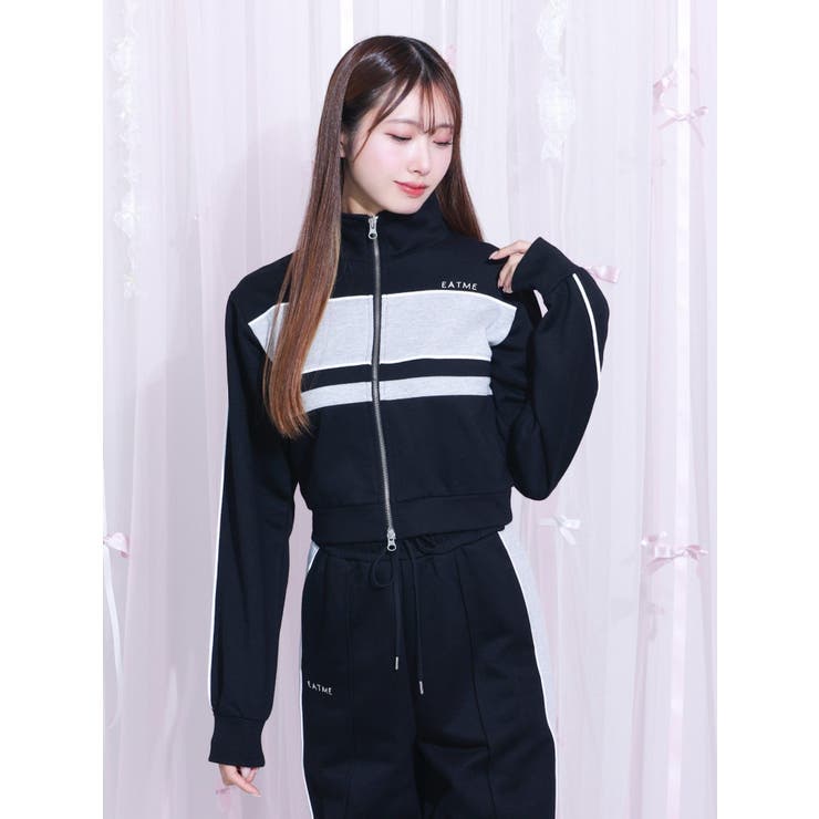 ブラック | バイカラーラインジップスウェット（セットアップ可能） | EATME