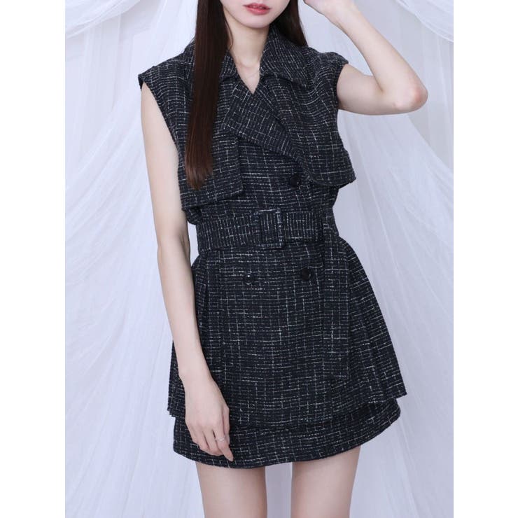 ブラック | ツイードプリーツベスト&スカートSet | EATME