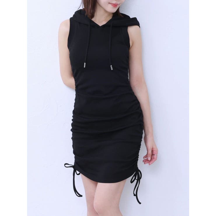 ブラック | フードシャーリングタイトミニワンピース | EATME