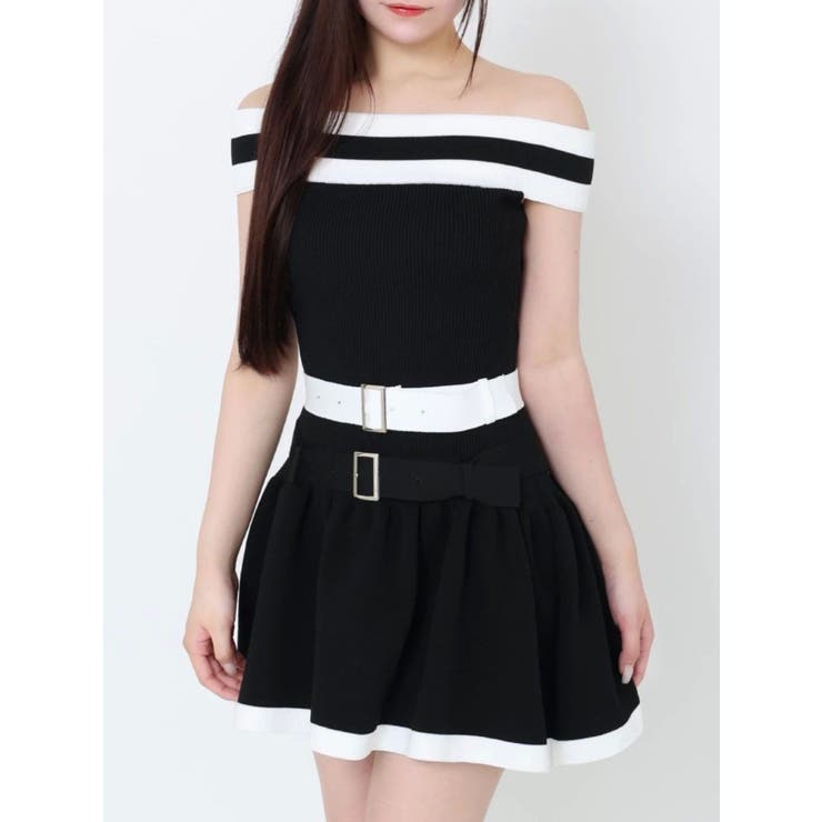 ブラック | ダブルベルトオフショルニットワンピース | EATME