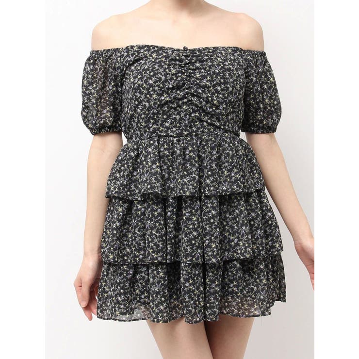 ブラック | ミニフラワープリントオフショルワンピース | EATME