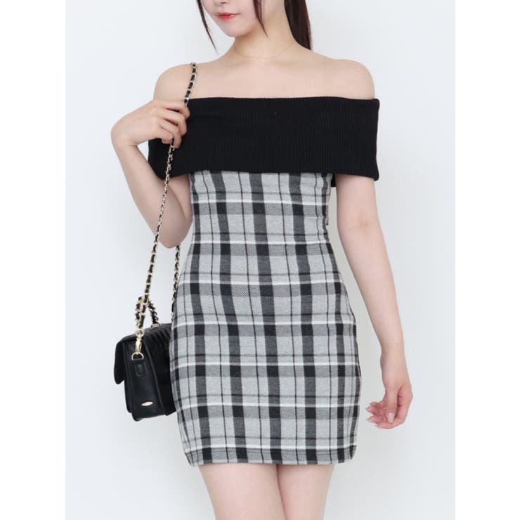 ブラック | Backカットアウトチェックワンピース | EATME