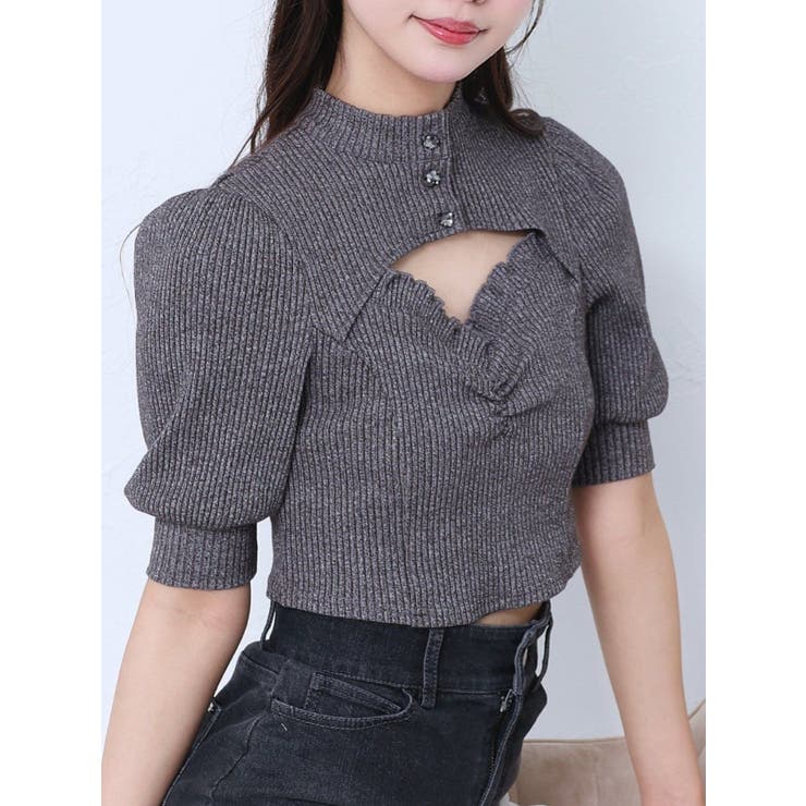 グレー | ビジューボタンデコルテリブTOP | EATME