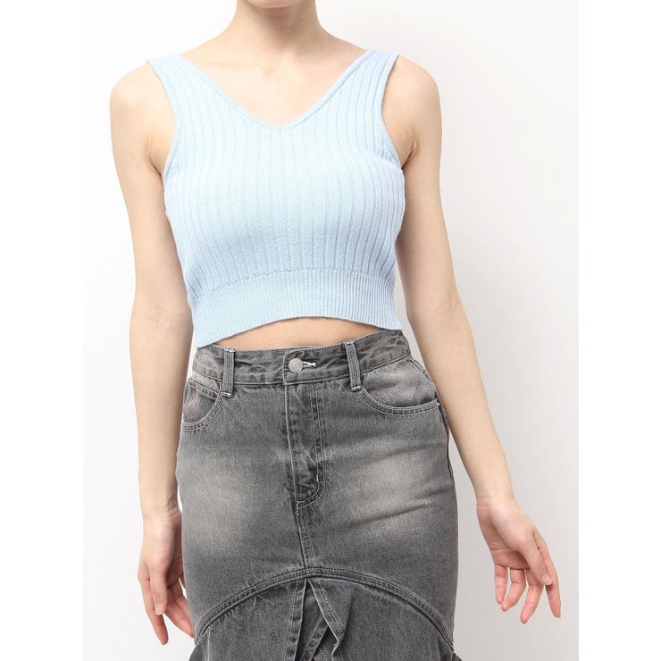 ブルー | カップ付きリブニットトップス | EATME