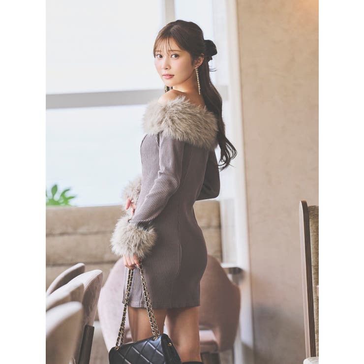 EATME フェイクファーオフショルミニワンピース BLACK EATME（イートミー） ワンピース フェイクファーオフショルミニ