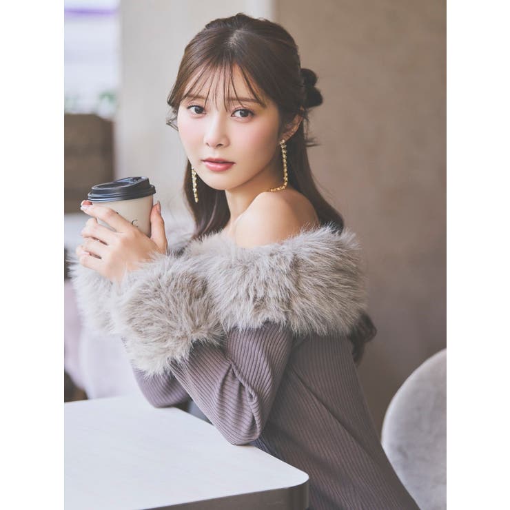 EATME フェイクファーオフショルミニワンピース BLACK フェイクファーオフショルミニワンピース（ワンピース）｜EATME