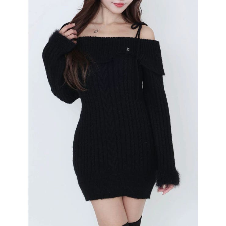 ブラック | ヘムシャギーオフショルニットワンピース | EATME
