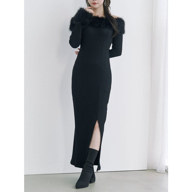 ブラック | フェイクファーオフショルロングワンピース | EATME