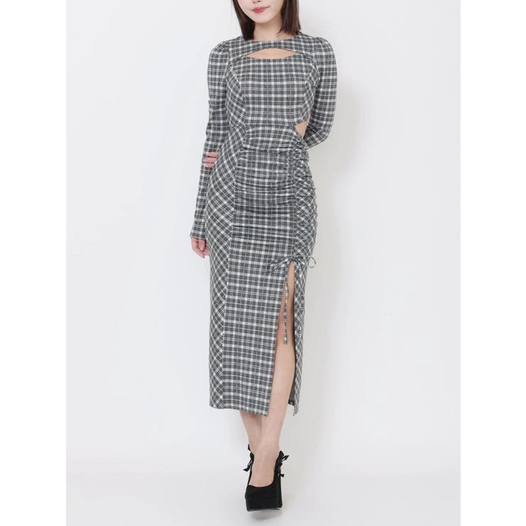 グレー | デコルテチェックワンピース | EATME