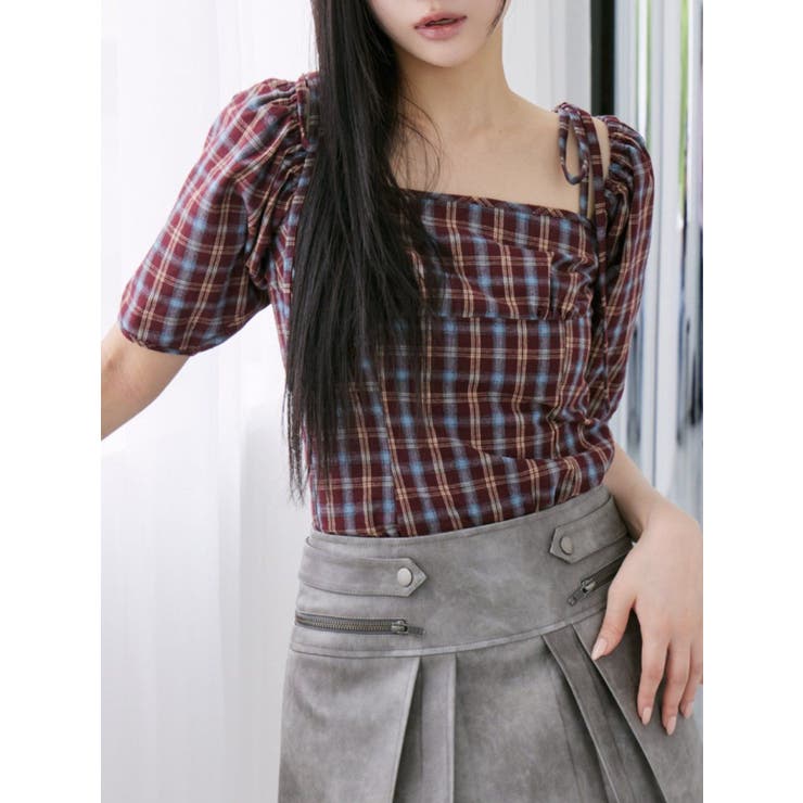 ワイン | リボンショルダーチェックブラウス | EATME
