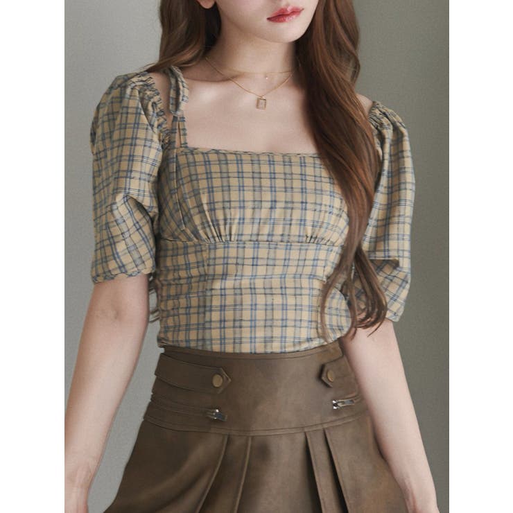 ベージュ | リボンショルダーチェックブラウス | EATME