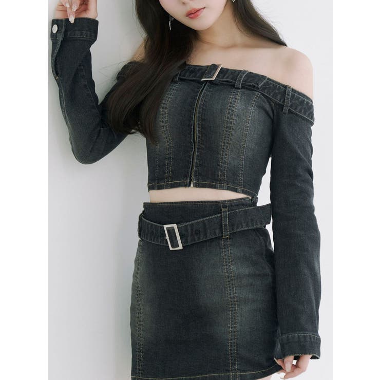 ブラック | ベルトオフショルデニムTOP | EATME