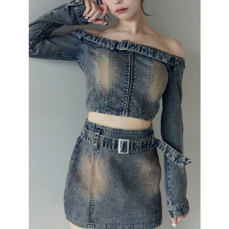 ブルー | ベルトオフショルデニムTOP | EATME