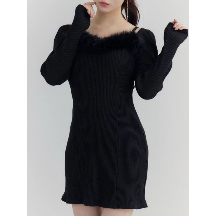 ブラック | ベルテッドフェイクファーリブワンピース | EATME
