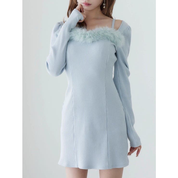 ブルー | ベルテッドフェイクファーリブワンピース | EATME