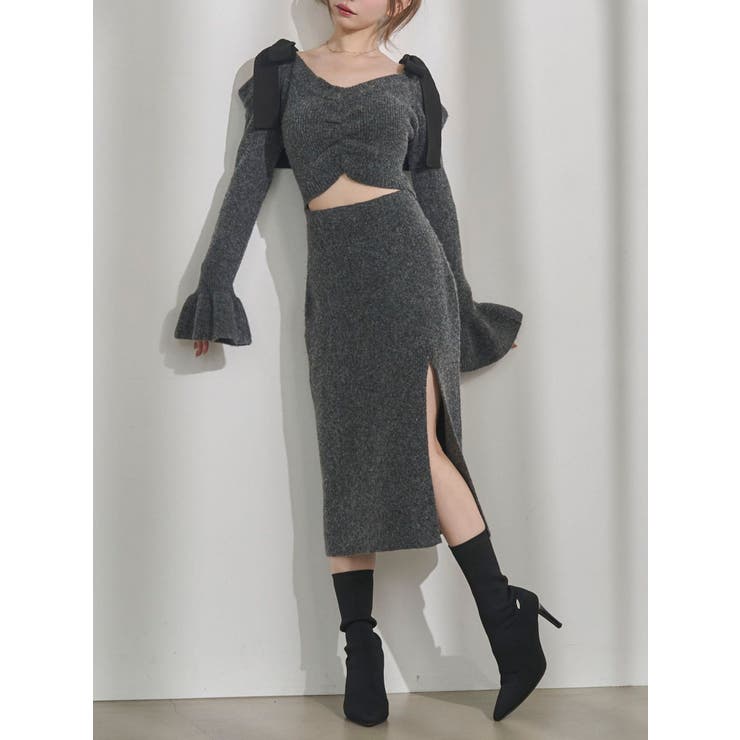 グレー | リボンショルダーロングニットワンピース | EATME