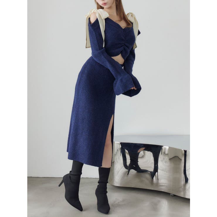 ネイビー | リボンショルダーロングニットワンピース | EATME