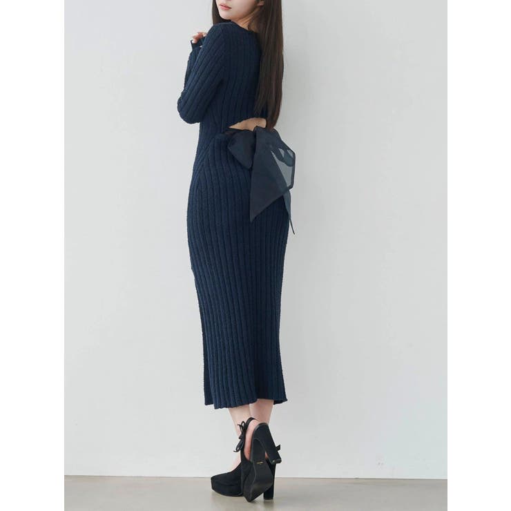 ネイビー | BACKリボンリブニットワンピース | EATME