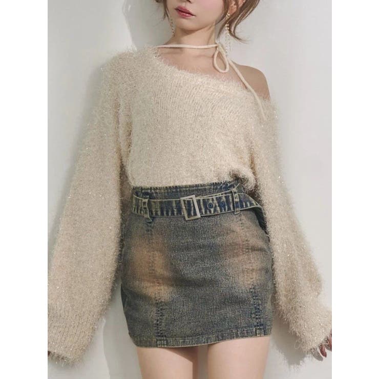 アイボリー | ワンショルダーシャギーニットTOP | EATME