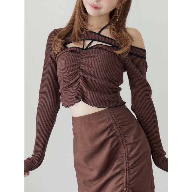 ブラウン | ワンショルバイカラーリブTOP | EATME