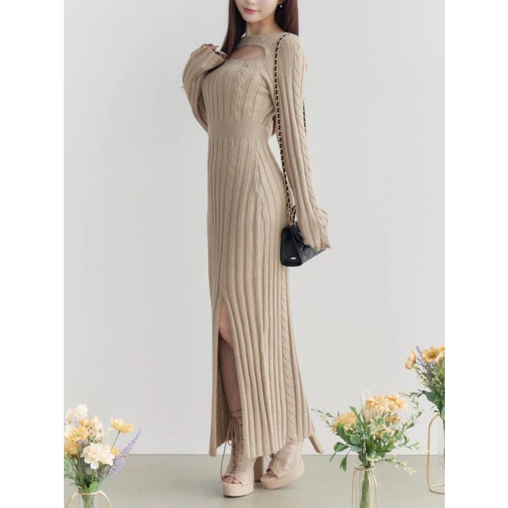 ベージュ | デコルテニットワンピース | EATME