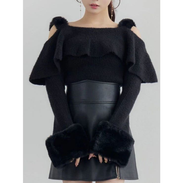 ブラック | フェイクファーストラップオフショルダーリブニット | EATME