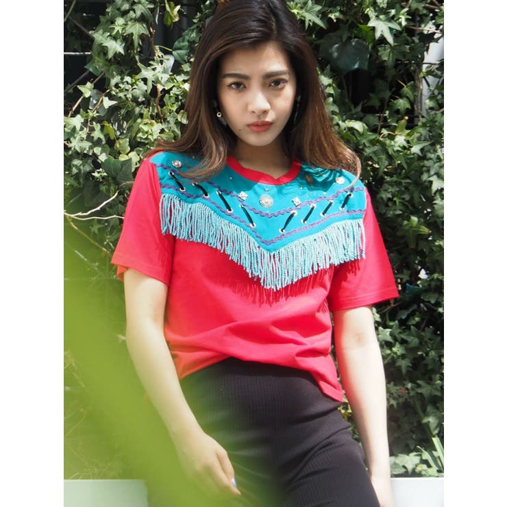 EMBROIDERYフリンジTシャツ[品番：MKSW0006427]｜EVRIS