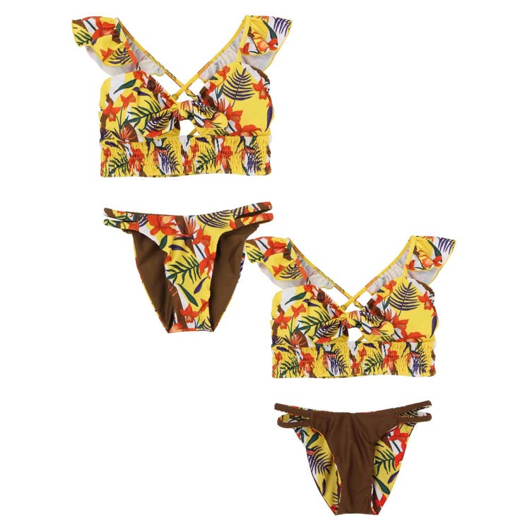 evris  本日限定！！web限定♡ オフショル レース ビキニ 3点SET]トロピカル柄ハイネックレースアップアメスリビキニ/水着