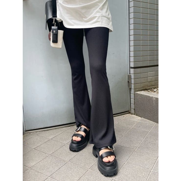 ブラック | リブフレアレギンスパンツ | EVRIS