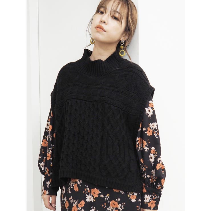 ブラック | ケーブルベストレイヤードニットトップス | EVRIS