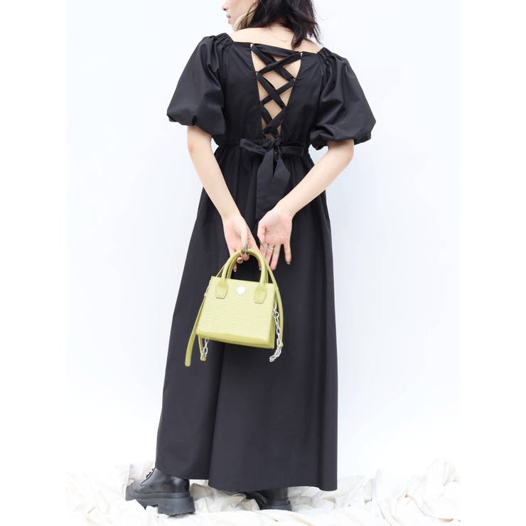 バックリボン フリル リネンワンピース ブラック 韓国 nr9490 ジュノア JUNOAH ウエストカットバックリボンワンピース