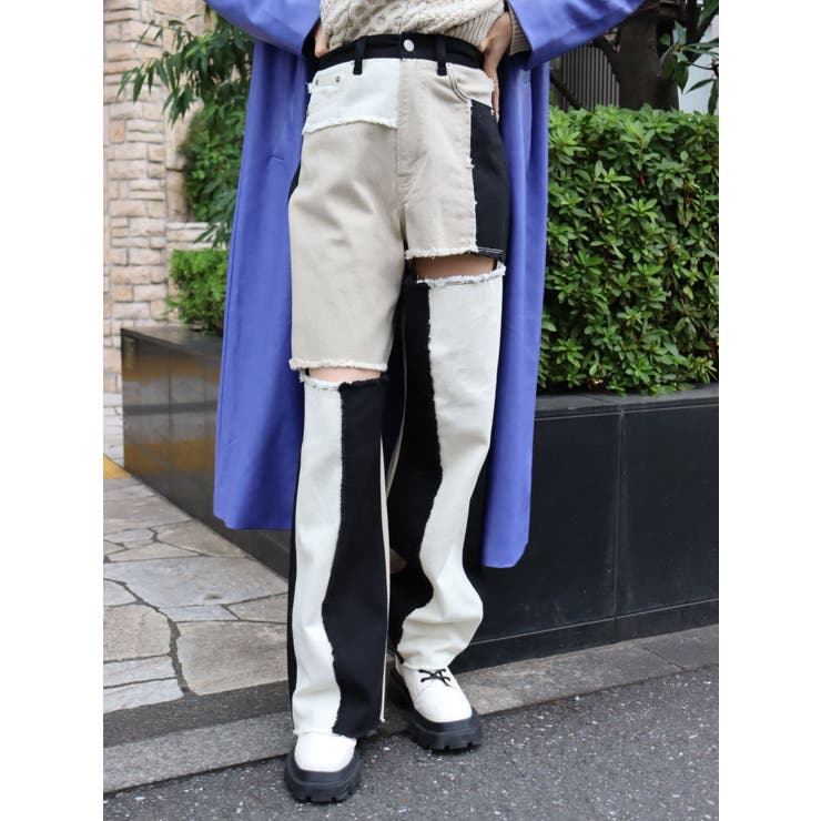 パッチワークスラッシュワイドパンツ[品番：MKSW0048799]｜EVRIS