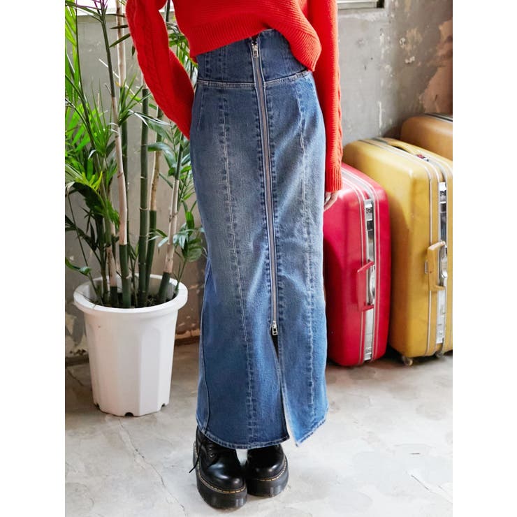 ブルー | フロントジップデニムミディスカート | EVRIS