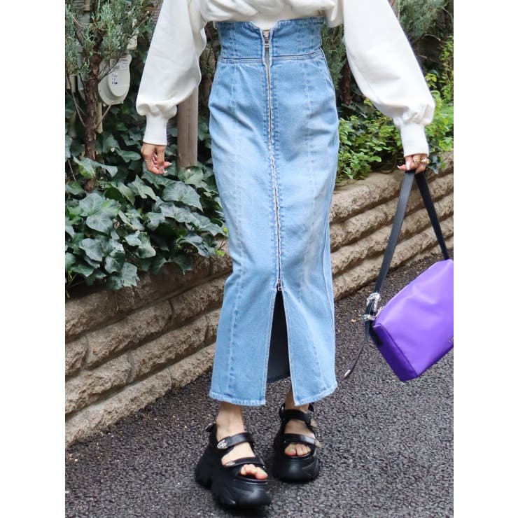 アイスブルー | フロントジップデニムミディスカート | EVRIS