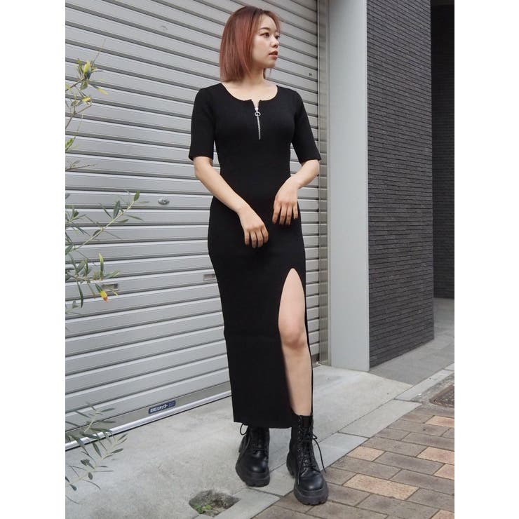 マオカラップスリーブレスディープスリットワンピース WEB限定】ディープスリットハーフスリーブワンピ[品番