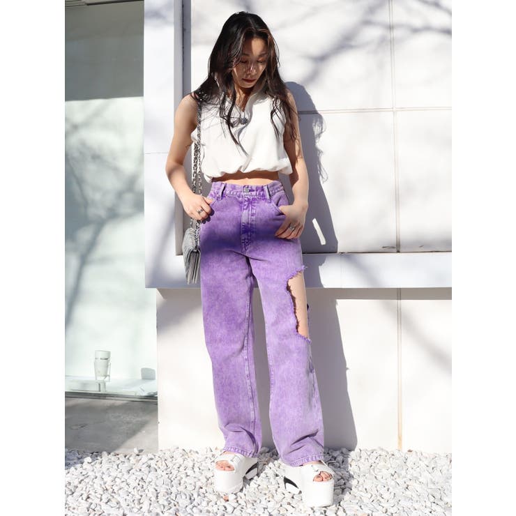 サイドダメージワイドデニムパンツ[品番：MKSW0051013]｜EVRIS