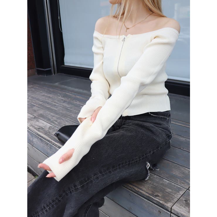 フロントジップオフショルニットトップス[品番:MKSW0050450 フロントジップオフショルニットトップス[品番:MKSW0050450