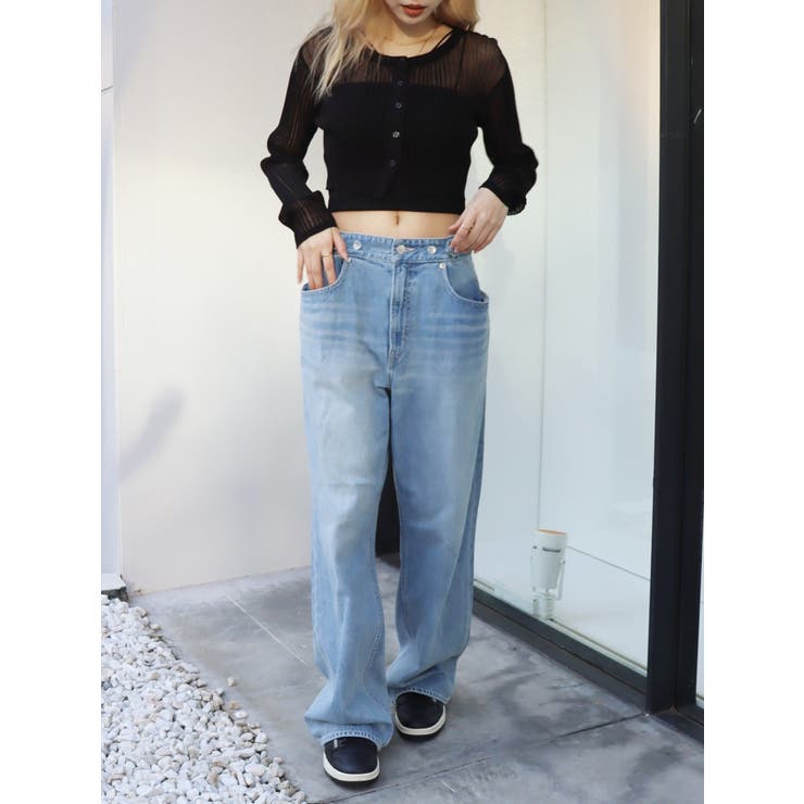 ハイウエスト/ローウエスト】ウエストボタンワイドデニムパンツ