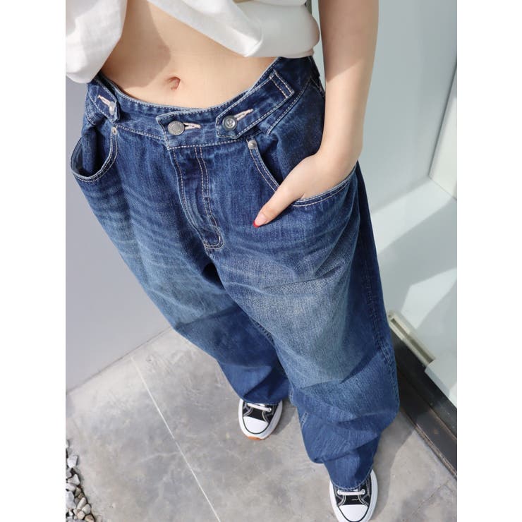 MOUSSY ボタンアップ ワイドデニムパンツ サイドボタン ハイウエスト デニムパンツ レディース サイドパールデニム ワイドパンツ ハイ
