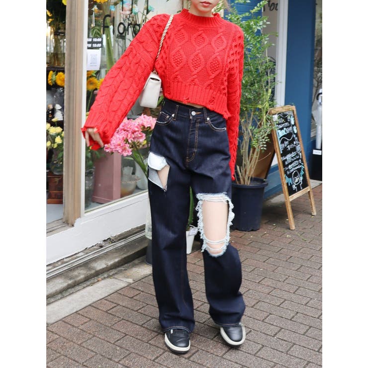 ハイウエスト】スクエアダメージワイドデニムパンツ[品番